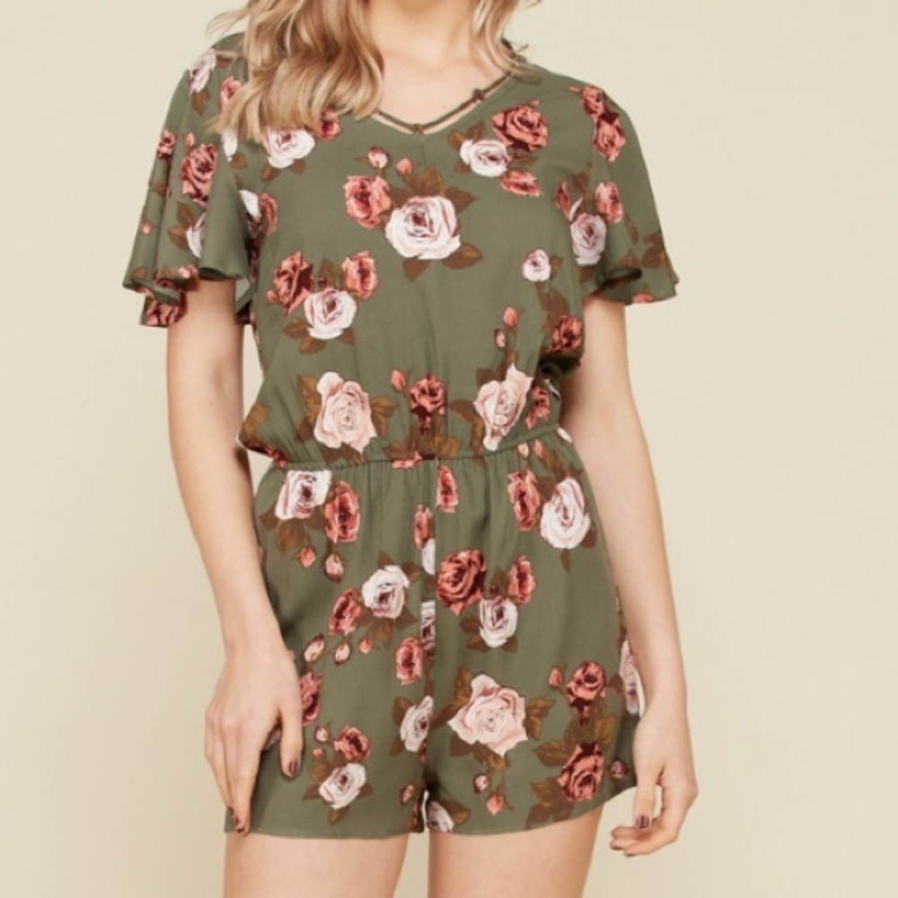 Olive Flutter Sleeve Floral Romper